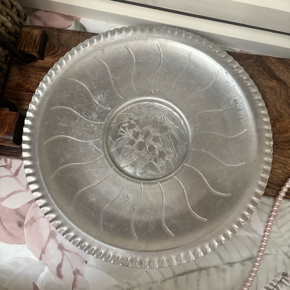Vintage Aluminum Platter with Floral Design